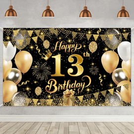 Yuanbigtai Birthday Party Decoration Extra Large Fabric Black Gold Sign Poster for Anniversary Photo Booth Backdrop Background Banner (13th Black Gold)
