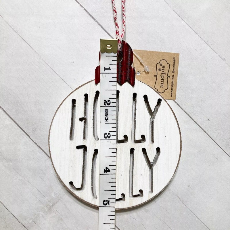 Mud Pie Holly Jolly Christmas Ornament Wood Cutout 4" Rustic