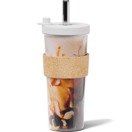 24 oz Leak-Proof Reusable Boba Cup by Dodoko with Resealable Lid Stopper | Wide Stainless Steel Straw for Boba | Dishwasher Safe | BPA Free | Shatterproof - White