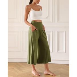 ODODOS Women's Wide Leg Palazzo Lounge Cropped Pants with Pockets Light Weight Comfy Casual Pajama Capri Pants-22 inseam, Army, Small