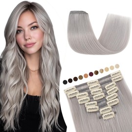 Elailite Real Hair Clip-In Extensions, 8 Wefts, Grey, Straight, Real Human Hair, 40 cm - 65 g, # Light Grey