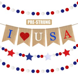 I Love USA Banner, 4 Pcs 4th of July Decorations Burlap Bunting Pennant, Felt Star with Pom Pom Ball Red White and Blue Garland for Indenpendent Memorial Labor Day Patriotic Citizenship Party Supplies