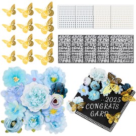 Ohuimrt 33 PCS Graduation Cap Decorations Kit, Blue Grad Cap Decorations Included Faux Flower Heads 3D Butterflies Alphabet Letter Stickers Self Adhesive Rhinestones for Grad Party, DIY Handcraft