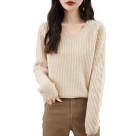 Chanyarn Women's 100% Merino Wool Sweater 2025 Fall Winter Casual Crewneck Long Sleeve Ribbed Knitted Pullover Sweater (Beige,S)