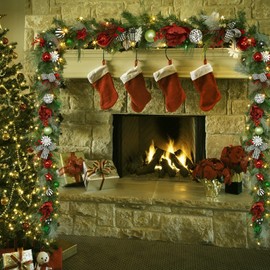 Adeeing 6 FT Christmas Garland with Lights, Pre-lit Outdoor Garland with Battery Operated 20 LED Lights, Holiday Garland with Stars, Flower, Berry Branches(Red and Green)