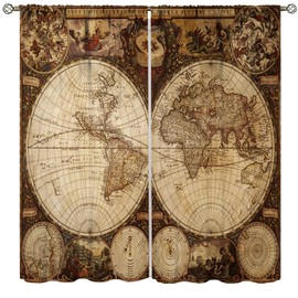 Old World Map Curtains, Vintage Map Nostalgia Style Art Themed Blackout Window Curtains, Bedroom Living Room Rod Pocket Design, 2 Sets of Panels, 42x45 in. Brown