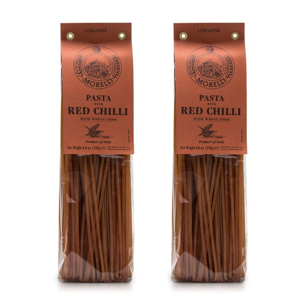 Morelli Red Chili Linguine Pasta with Wheat Germ- Imported Pasta from Italy - 8.8oz (250g) Pack of 2