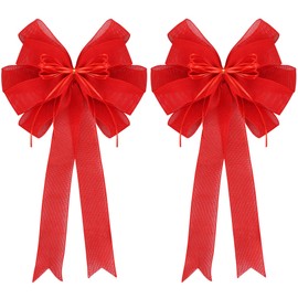 RIBBOOO 2 Pack Red Christmas Tree Bows 12x20inch Large Burlap Wreath Bow with Glitter String for Christmas Tree Topper,Home Front Door Decor, Easter Bow,Valentines and Party Decor