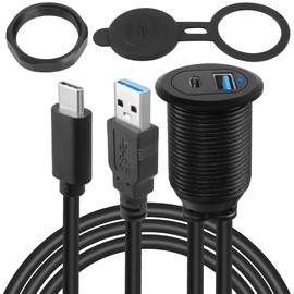 QIANRENON USB C3.1 & USB3.0 Embedded Car Waterproof Cable 10Gbps USB Type C 3.1 & USB3.0 Threaded Mounting Extension Cable, PD65W,Support 4K Video,LED,Al housing,for Dashboard car Boat Moto,2M/6.5ft