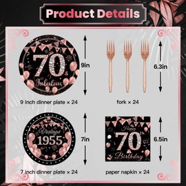 Jjyee 96Pcs 70th Birthday Party Tableware Set for Women, Rose Gold Vintage 1954 Birthday Party Decorations Cheers to 70 Years Birthday Party Supplies Dessert Plates Napkins Forks, Serve 24
