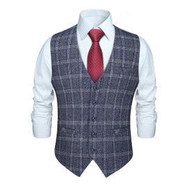 HISDERN Men's Waistcoats Blue Plaid Waistcoat Formal Classic Wedding Casual Check Suit Vest with Pockets XL