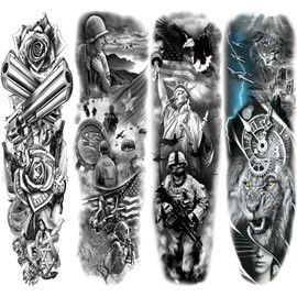 Briyhose Military Sleeve Temporary Tattoos For Men Women, Black Full Arm War Soilder Lion Fake Sleeve Tattoo Adult, Long Lasting Large Army Patriotism Temp Tatoo Sticker Leg Body Art Makeup, 4-Sheet