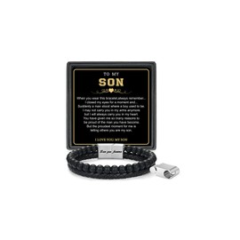 LUXEJEW Best Birthday Gifts for Son Adult, To My Son Bracelet Gifts from Mom Dad Black Leather Beaded Bracelets for Men