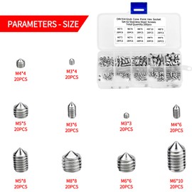 Pack of 200 Grub Screws, Taper Tip, M3, M4, M5, M6, M8, Cone Tip of the Screw without Head, Hexagon Socket, Cup Stainless Steel Thread, Hexagonal Screw with Hole Tip