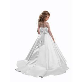 Christmas Flower Girl Dress Floor Length Button Draped Tulle Ball Gowns for Kids (8, White)