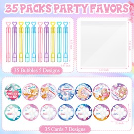 Relaxgiant 70 Pcs Valentines Bubble Wands Gifts Include 35 Pcs 4.17'' x 0.47'' Mini Heart Bubble Wand with Bubble Solution 35 Pcs Valentine Cards for Valentine's Day Classroom School Exchange Gifts