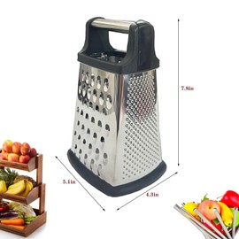 Professional 4-Sided Box Grater with Cut-Resistant Finger Cots - Stainless Steel Cheese & Vegetable Grater, Dishwasher Safe, Non-Slip Base & Ergonomic Handle - XL Multipurpose Kitchen Tool