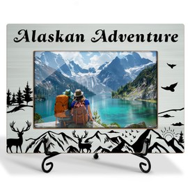 Zgogy Wooden Alaska Adventure Picture Photo Frame With Iron Stand, Photo Gifts For Women Men Couples, Gifts For Birthday Honeymoon Vacation, Insert 4 * 6 Picture Lines Snow Mountain Design -70