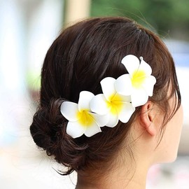 4Pcs Hawaiian Plumeria Hair Clips, 7 cm Foam Flowers, White and Pink, Beach Wedding Headdress Decoration
