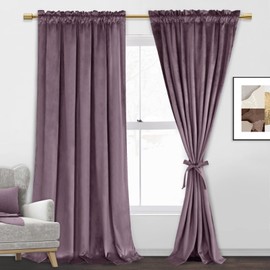 JIUZHEN Lavender Velvet Curtains 108 Inch Long–Soft Retro Velvet Blackout Thermal Insulated & Noise Reducing Rod Pocket Curtains for Living Room, 70W x 108L, 2 Panels with Tiebacks