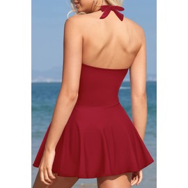 SHEKINI Halter Traje de Baño de Una Pieza con Falda Fruncida Vintage para Mujer, Control de Abdomen(Vino Rojo, XL)