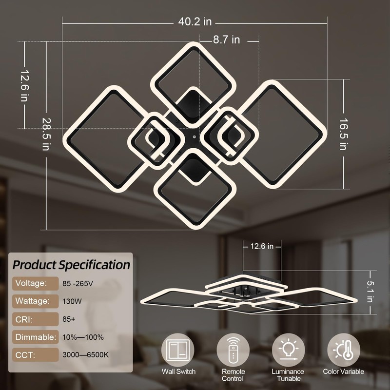 Modern Ceiling Light, 40.2'' LED Dimmable Acrylic Square 6+1 Rings