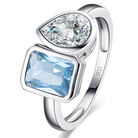 Yaresul Toi Et Moi Ring 925 Sterling Silver Aquamarine Engagement Ring For Women 6x8mm Double Stone Ring Emerald Shape & Pear Cut Cubic Zirconia Wedding Ring Width Band 1.9mm - Size 7