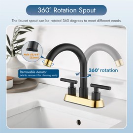 Cinwiny 4 Inch Centerset Bathroom Sink Faucet Black and Polished Gold Bathroom Faucet Deck Mount Stainless Steel Dual Handles Swivel Spout Lavatory Mixer Tap with Pop-up Drain Vanity Bathroom Faucets