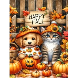 Happy Fall Diamond Art Kits for Adults,Full Round Drill Dot 5D Diamond Painting Kits for Beginners Autumn Cat & Dog,DIY Gem Art and Crafts Paint by Diamonds Sunflower Pumpkins,Home Wall Decor12X16Inch