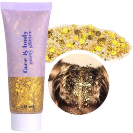 Body Glitter Gel, Face Glitters Body Gel Sequins Shimmer Liquid Eyeshadow, Chunky Glitter for Face Hair Nails, Holographic Cosmetic Laser Powder Festival Glitter Makeup 50ml (Golden Yellow)