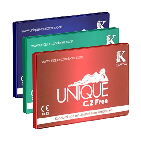 KAMYRA Unique C.2 Kondomkarten-Test-Set (je 1 x PULL, FREE, SMART), latexfreie Kondome