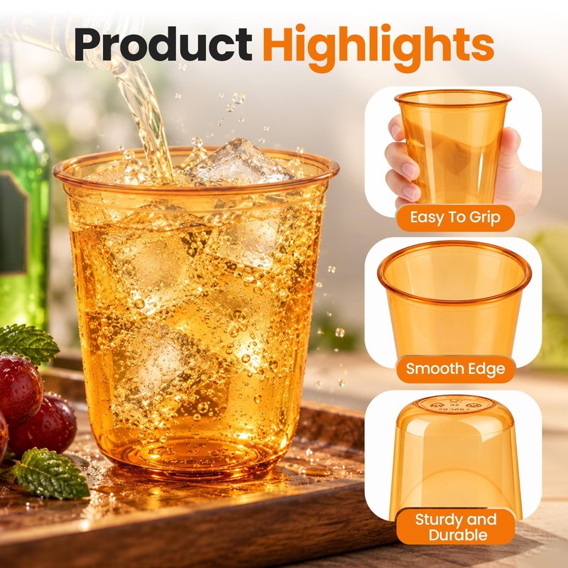 100 Pack 12oz Clear Orange Disposable Stemless Wine Glasses