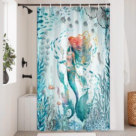 Mermaid Shower Curtain for Kids, Green Teal Beach Shower Curtain Set for Bathroom, Sea Ocean Fish Fabric Shower Curtain Restroom Bathtub Decor Accessories with Hooks 47X 64 inch