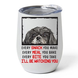 Every Snack You Make I'll Be Watching You White Blue Shih Tzu Tumbler 12oz Stainless Steel Vacuum Insulated Cup With Lid - Peeking Animal Funny Gifts for Dog Lovers