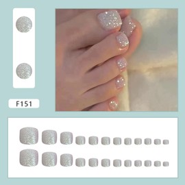 24Pcs Silver Glitter Press on Toenails ZWENJIE Toe Nail Press ons Solid Color Fake Toe Nails Full Cover Acrylic Glue on Toenails with Glossy Designs Toe Press on Nails for Women Manicure