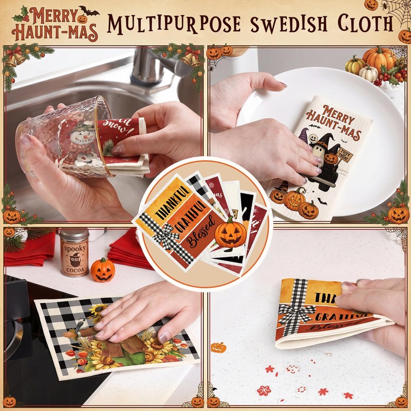 12 Pcs Halloween Thanksgiving Christmas Swedish Dish Towels