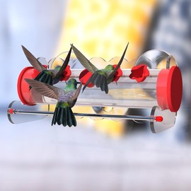 Window Hummingbird Feeder with Long-Lasting Strong Suction Cups, 4-Port Flower Bar, 9 Oz，Ant & Bee Proof, Leak-Proof Design, Outdoor Decor