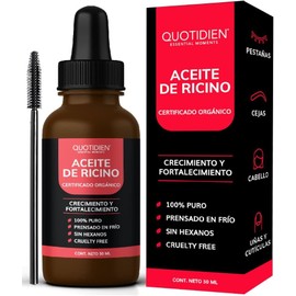Quotidien Aceite de Ricino Puro Certificado Orgánico por OTCO | Castor Oil Prensado en Frío, Sin Hexanos | Estimula el Crecimiento y Volumen de Pestañas, Cejas, Cabello y Barba | Restaura el Cabello Dañado y suaviza | Alarga y Engrosa Pestañas y Cejas | H