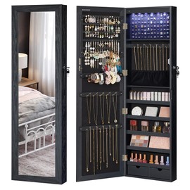 SONGMICS 6 LEDs Mirror Jewelry Cabinet, 47.2-Inch Tall Lockable Wall or Door Mounted Jewelry Armoire Organizer with Mirror, 2 Drawers, 3.9 x 14.6 x 47.2 Inches, Black UJJC093B01