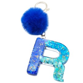 Unpafcxddyig Initial Letter Resin Alphabet Key Rings with Fur Ball Pom pom keychains Royal blue for Purse Handbags Women,Letter R