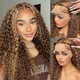 NOELLA Highlight Ombre13x6 HD Lace Front Wigs Human Hair 16 Inch 210% Density 4/27 Honey Blonde Water Wave Curly Human Hair Wigs Soft and Natural Wet and Wave Lace Frontal Glueless Wig For Black Women