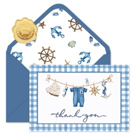 Whaline 24 Pack Baby Shower Thank You Cards Plaid Nautical Greeting Cards with Envelopes Stickers Anchor Navy Blue Blank Note Card for Party Supplies, 4 x 6 Inch
