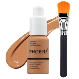 Glamza PHOERA Foundation Concealer Makeup Full Coverage Matte Brighten Long Lasting UK + Professional Flat Face Foundation Brush (108 TAN)