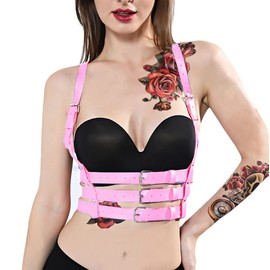 Women Rave Body Chest Harness Waist Belt Caged Bra Festival Dance Club Party Pink