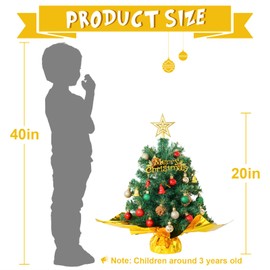 20" Small Christmas Tree Tabletop Christmas Tree with Lights Artificial Christmas Tree Ornaments with Star Tree Top Ornaments for Christmas,Office, Home，Wedding,Party Decor (Green Gold)