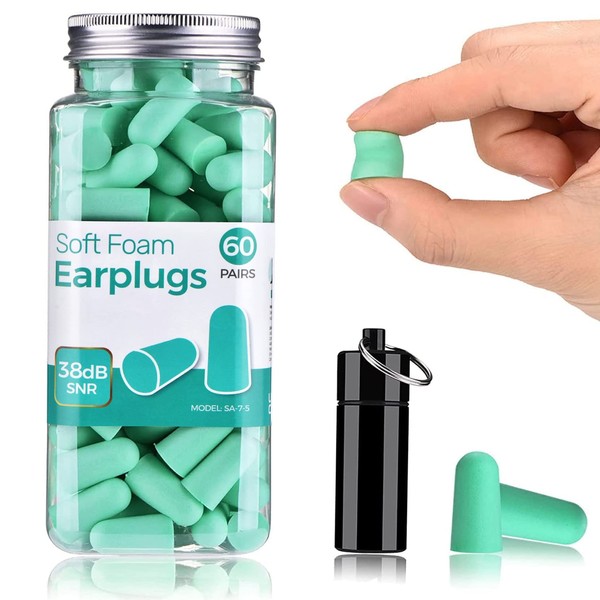 Ultra Soft Foam Earplugs, Noise Cancelling Earplugs for Sleeping, 38dB Highest SNR, One Size Fits virtually Every Wearer for Snoring, Studying, Travel, Motorcycle, Loud Noise etc 60 Pair- Mint Green