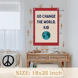 MOFUYU Classroom Decor,Motivational Wall Decor,Go Change the World Kid Linen Canvas Banner,Playroom Wall Decor Hanging Flag for Playroom Bedroom Nursery Graduation Gifts 18x25 Inch