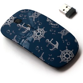 mouse inalámbrico de 2.4 G con bonito diseño de patrón para todas las computadoras portátiles y computadoras de computadora con nanoreceptor, tema náutico, azul