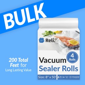 Reli. Vacuum Sealer Bags - 4 Rolls of 8"x50' | 4 Rolls Bulk - 200ft Total | Vacuum Sealer Rolls 8inx50ft for Food | BPA Free, Cut to Size | Vacuum Sealer Bags for Food, Sous Vide, Storage/Prep | Clear