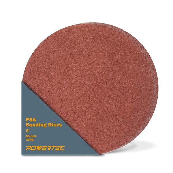 POWERTEC 45506 5-Inch PSA Sanding Disc, 60 Grit, Aluminum Oxide Adhesive Sandpaper for Random Orbital Sander, 1x30 Belt Disc Sander, 20PK